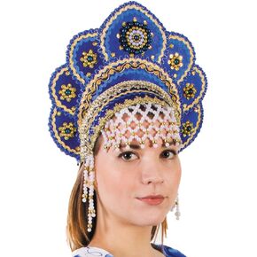 Russian Folk Costume 'Kokoshnik' Headdress in Blue, 5-10 years old