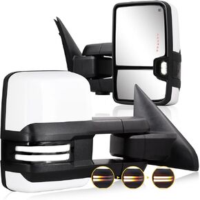 Towing Mirrors for 2009-2018 Dodge Ram 1500, 2010-2018 Dodge Ram 2500 3500 with Power Glass Heated Function Temp Sensor Dynamic Turn Signal Running Backup Light Puddle Lamp Pair Set, Painted White