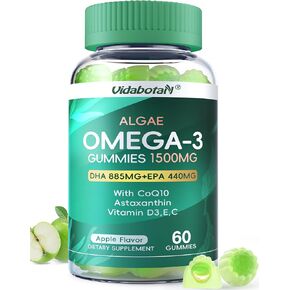Vegan Omega 3 Gummies 1500mg, Algae Omega 3 Supplements DHA 885mg & EPA 440mg, with Coq 10,Vitamin E,C,D3 for Brain, Eye Support, Fish Oil Supplements Alternative, Sugar Free, 60 Counts