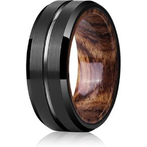 Mens Wedding Band Tungsten Rings: 8mm Black Tungsten Rings for Men Wood Wedding Ring Band for Man - Silver Ring for Men Wedding Bands for Women Wood Promise Rings for Him