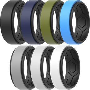 ThunderFit Silicone Wedding Rings for Men, Breathable Step Edge 2 Layers 10mm Wide 2.3mm Thick - 1/4/7 Variety Multipack
