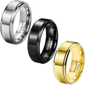 8mm Silver Black & Gold 316L Stainless Steel Rings for Men Women Engagement Wedding Bands Matte Stepped Beveled Edges Comfort Fit 3 Pcs A Set