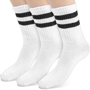 3 Pairs Striped Trim Casual Crew Socks, White Casual Athletic Socks Vintage Retro Gym Running Socks for Women Men