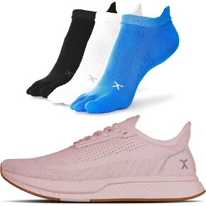 Flux Footwear Adapt Bundle – Zero-Drop Running Shoes with Knit Upper & UltraFlex Midsole + 3-Pack Medium No-Show Toe Socks – Lightweight, Breathable, and Versatile – Blush - US Size 8.5