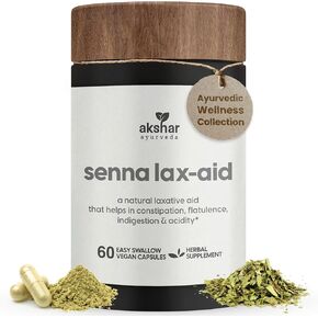 Akshar Ayurveda - Senna Lax Aid Enporation Herbal Enport & Laxative - انتفاخ طبيعي ، غاز ، عسر الهضم والإمساك - خالية من القسوة النباتية (60 COUNT)