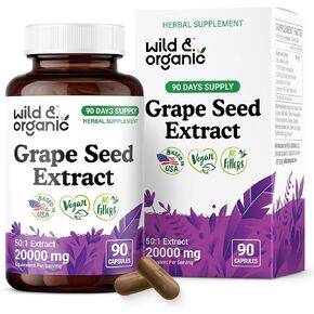 Wild & Organic Grape Seed Extract Capsules - 20,000 mg Strength Grapeseed Extract Equivalent - 95% Polyphenols - 400 mg per Serving - 3 Month Supply - 90 Vegan Capsules - Non-GMO