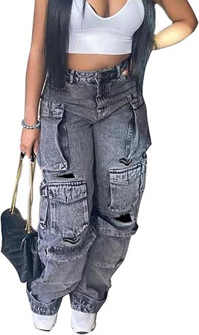 Women's Baggy Cargo Jean High Waisted Y2K Distressed Wide Leg Denim Pants with Multi Pockets Streetwear in Kuwait