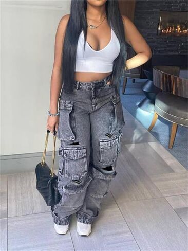 Women's Baggy Cargo Jean High Waisted Y2K Distressed Wide Leg Denim Pants with Multi Pockets Streetwear in Kuwait