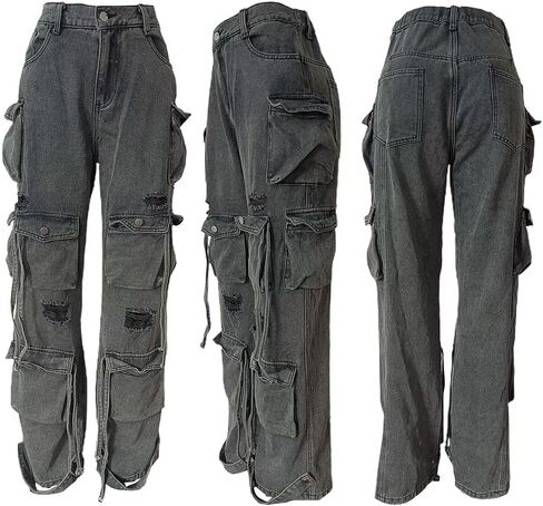 Women's Baggy Cargo Jean High Waisted Y2K Distressed Wide Leg Denim Pants with Multi Pockets Streetwear in Kuwait
