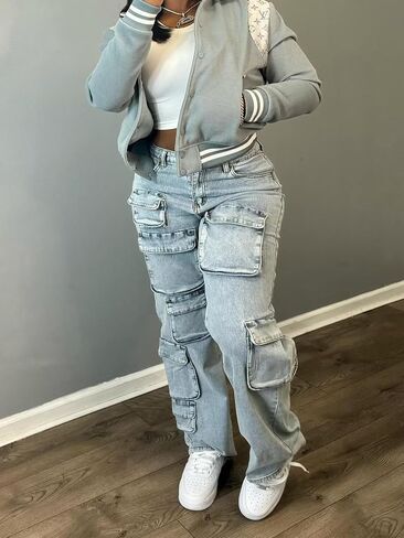 Women's Baggy Cargo Jean High Waisted Y2K Distressed Wide Leg Denim Pants with Multi Pockets Streetwear in Kuwait