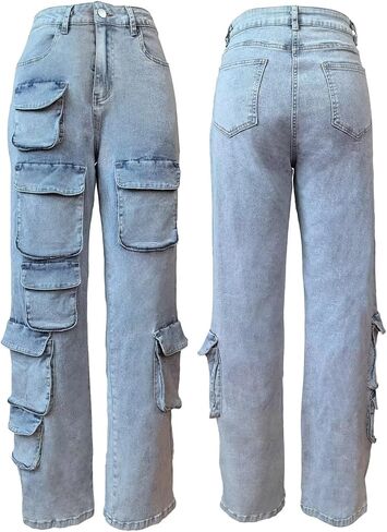 Women's Baggy Cargo Jean High Waisted Y2K Distressed Wide Leg Denim Pants with Multi Pockets Streetwear in Kuwait