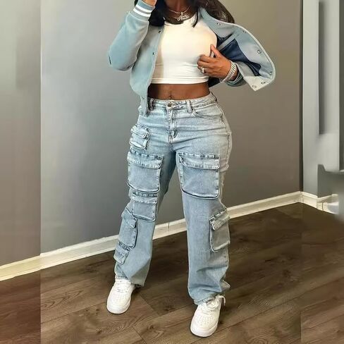 Women's Baggy Cargo Jean High Waisted Y2K Distressed Wide Leg Denim Pants with Multi Pockets Streetwear in Kuwait