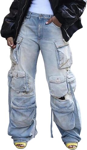 Women's Baggy Cargo Jean High Waisted Y2K Distressed Wide Leg Denim Pants with Multi Pockets Streetwear in Kuwait