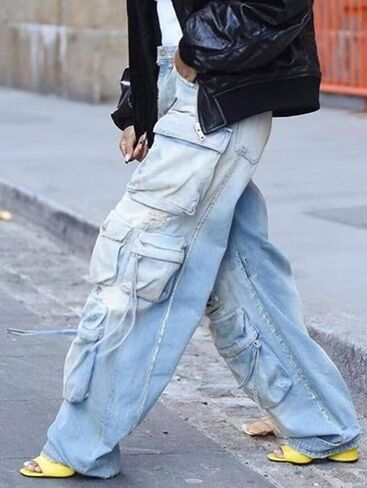 Women's Baggy Cargo Jean High Waisted Y2K Distressed Wide Leg Denim Pants with Multi Pockets Streetwear in Kuwait