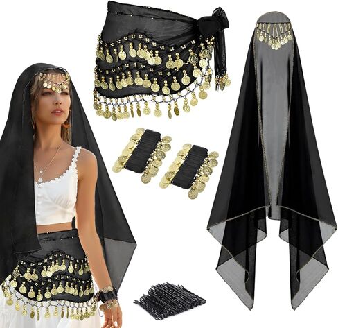 4 Pcs Belly Dance Outfit Sets Belly Dance Chiffon Hip Scarf, Head Scarf with Gold Coins 2 Coin Wrist Bracelet 50 Bobby Pins in Saudi Arabia