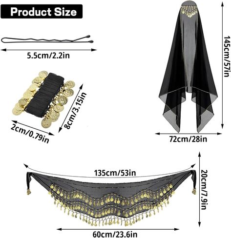 4 Pcs Belly Dance Outfit Sets Belly Dance Chiffon Hip Scarf, Head Scarf with Gold Coins 2 Coin Wrist Bracelet 50 Bobby Pins in Saudi Arabia