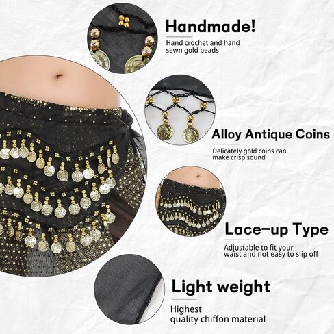4 Pcs Belly Dance Outfit Sets Belly Dance Chiffon Hip Scarf, Head Scarf with Gold Coins 2 Coin Wrist Bracelet 50 Bobby Pins in Saudi Arabia