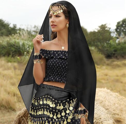 4 Pcs Belly Dance Outfit Sets Belly Dance Chiffon Hip Scarf, Head Scarf with Gold Coins 2 Coin Wrist Bracelet 50 Bobby Pins in Saudi Arabia