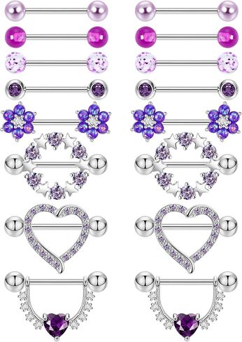 8Pairs 14G Surgical Steel Nipple Ring for Women Flower Heart CZ Barbell Nipple Rings Cute Nipple Rings Piercing Jewelry in Saudi Arabia
