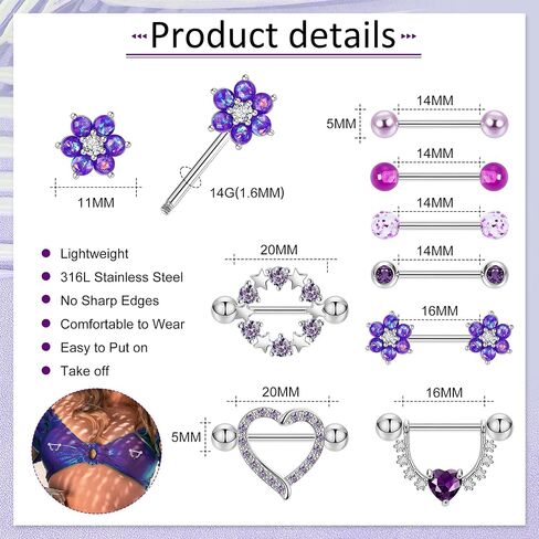 8Pairs 14G Surgical Steel Nipple Ring for Women Flower Heart CZ Barbell Nipple Rings Cute Nipple Rings Piercing Jewelry in Saudi Arabia