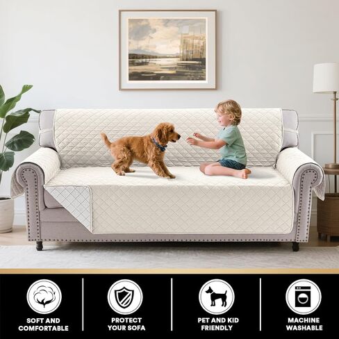 PrinceDeco Couch Cover for Dogs Washable Reversible Couch Covers for 3 Cushion Couch Sofa Pet Friendly Water Resistant Furniture Protector with Elastic Straps(Sofa 66", Ivory) in Kuwait