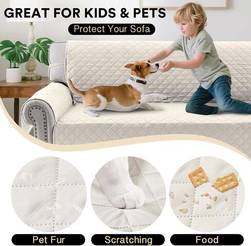 PrinceDeco Couch Cover for Dogs Washable Reversible Couch Covers for 3 Cushion Couch Sofa Pet Friendly Water Resistant Furniture Protector with Elastic Straps(Sofa 66", Ivory) in Kuwait