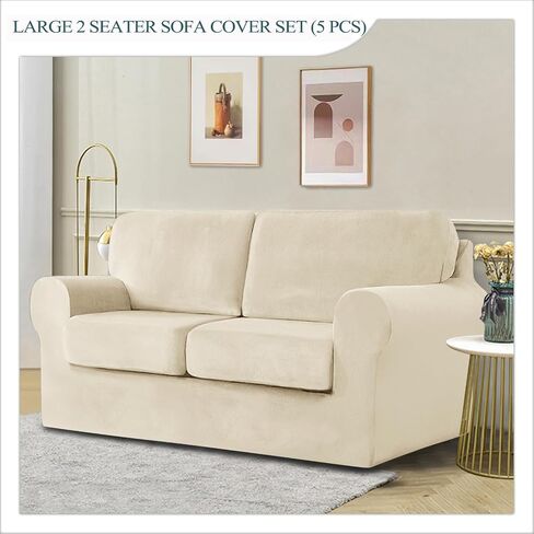 Sofa Cover with Separate Seat Cushions Covers and Backrests Covers Stretch Ektorp Sofa Covers Stylish Velvet Couch Slipcover Protector (Beige,Large 2 Seat Set 5 PCS) in Saudi Arabia