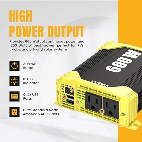 Krieger 1100 Watt 12V Power Inverter Dual 110V AC Outlets, Installation Kit Included, Automotive Back Up Power Supply For Blenders, Vacuums, Power Tools - ETL Approved Under UL STD 458 in Kuwait