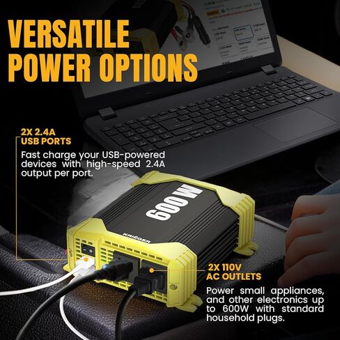 Krieger 1100 Watt 12V Power Inverter Dual 110V AC Outlets, Installation Kit Included, Automotive Back Up Power Supply For Blenders, Vacuums, Power Tools - ETL Approved Under UL STD 458 in Kuwait