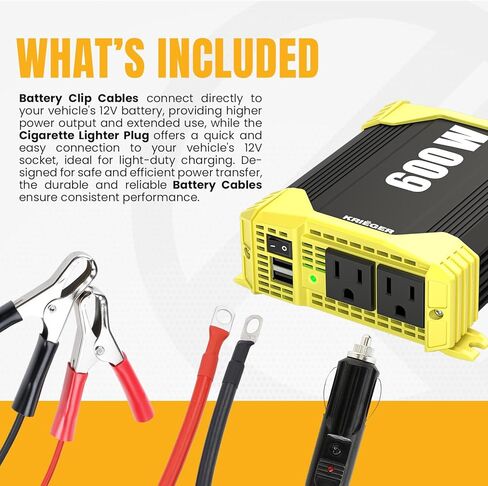 Krieger 1100 Watt 12V Power Inverter Dual 110V AC Outlets, Installation Kit Included, Automotive Back Up Power Supply For Blenders, Vacuums, Power Tools - ETL Approved Under UL STD 458 in Kuwait