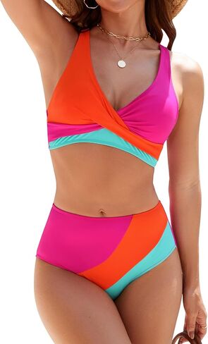 SEAFORM Women Bikini Set Color Block Two-Piece Swimsuit High Waist Tummy Control V-Neck Quickly Dry Beachwear in Saudi Arabia