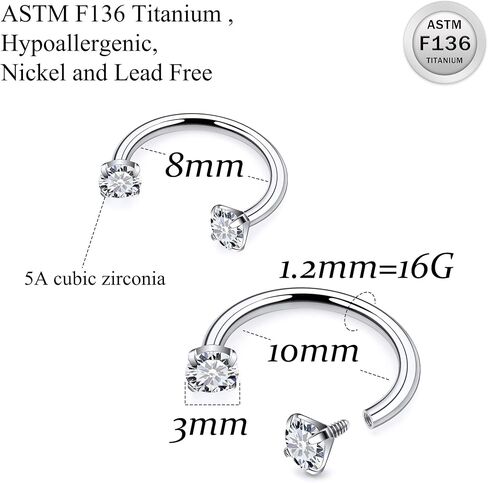 Ruifan ASTM F136 Titanium Horseshoe Nose Ring 16G Cubic Zircon Septum Rings Piercing Jewelry Internally Threaded Cartilage Conch Helix Rook Tragus Lip Earring Hoop Eyebrow For Women Men 8mm 10mm in Saudi Arabia