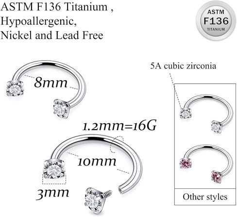 Ruifan ASTM F136 Titanium Horseshoe Nose Ring 16G Cubic Zircon Septum Rings Piercing Jewelry Internally Threaded Cartilage Conch Helix Rook Tragus Lip Earring Hoop Eyebrow For Women Men 8mm 10mm in Saudi Arabia