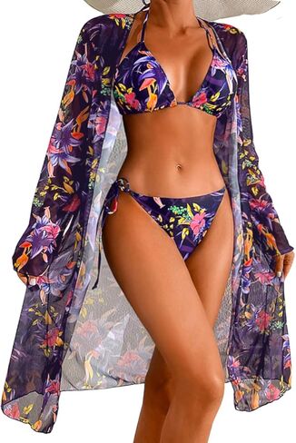 Women's Floral Bikini Sets with Mesh Cover Up, String Halter Triangle Top&Side-Tie Thong Bottom Sexy 3 Piece in Kuwait