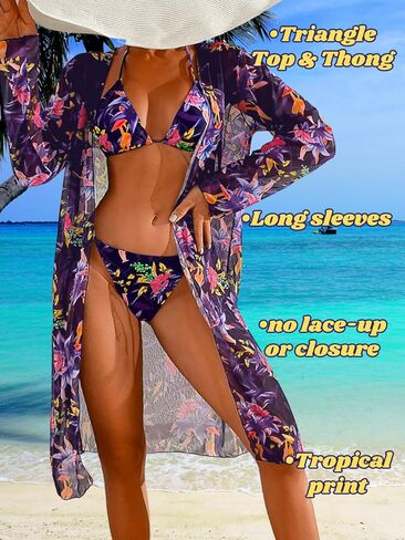 Women's Floral Bikini Sets with Mesh Cover Up, String Halter Triangle Top&Side-Tie Thong Bottom Sexy 3 Piece in Kuwait