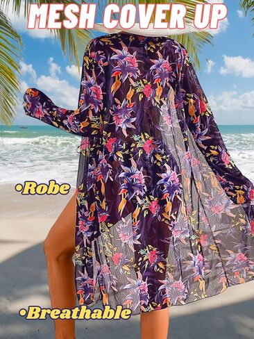 Women's Floral Bikini Sets with Mesh Cover Up, String Halter Triangle Top&Side-Tie Thong Bottom Sexy 3 Piece in Kuwait