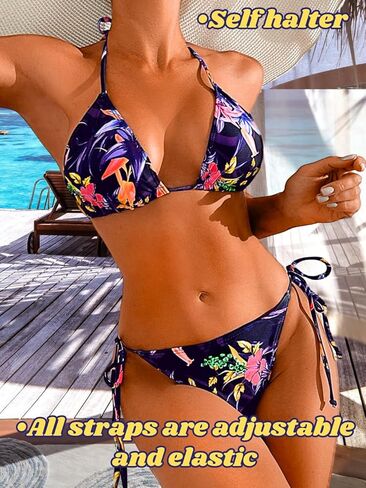Women's Floral Bikini Sets with Mesh Cover Up, String Halter Triangle Top&Side-Tie Thong Bottom Sexy 3 Piece in Kuwait