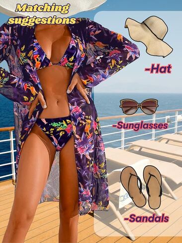 Women's Floral Bikini Sets with Mesh Cover Up, String Halter Triangle Top&Side-Tie Thong Bottom Sexy 3 Piece in Kuwait