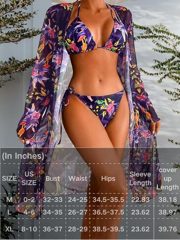 Women's Floral Bikini Sets with Mesh Cover Up, String Halter Triangle Top&Side-Tie Thong Bottom Sexy 3 Piece in Kuwait