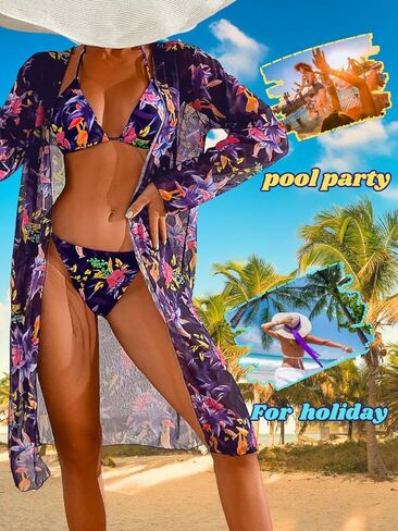 Women's Floral Bikini Sets with Mesh Cover Up, String Halter Triangle Top&Side-Tie Thong Bottom Sexy 3 Piece in Kuwait