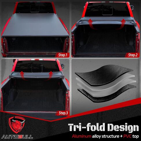Hard Top Tri Fold tonneau Cover Compatible with 2019-2024 Ford Ranger 5ft Bed (61") Alloy Steel and Fiberglass Made in Kuwait