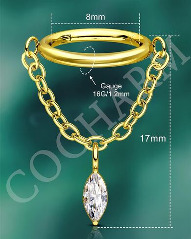 COCHARM 16g Titanium Dangle Chain Helix Earrings Gold Dangling Rook Hoop Piercing Jewelry, 8mm Dangly Chain Gold Helix Ring Surgical Steel Rook Earring for Women Men in Saudi Arabia