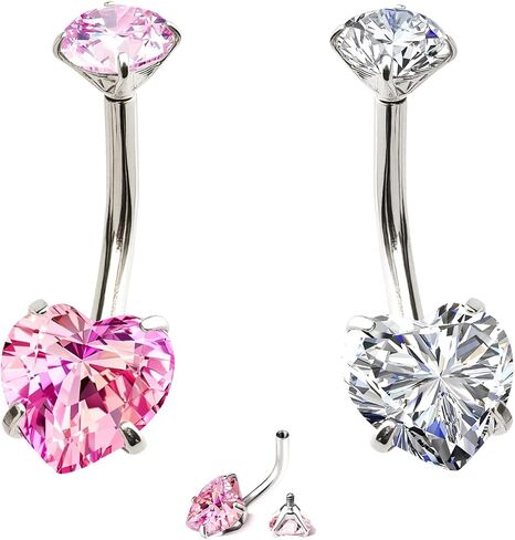 14G Internally Threaded Belly Button Ring - 316L Stainless Steel Shank Navel Jewelry with Pink & White Cubic Zirconia in Saudi Arabia