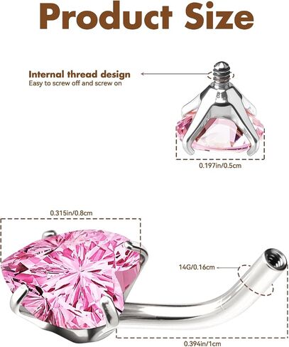 14G Internally Threaded Belly Button Ring - 316L Stainless Steel Shank Navel Jewelry with Pink & White Cubic Zirconia in Saudi Arabia