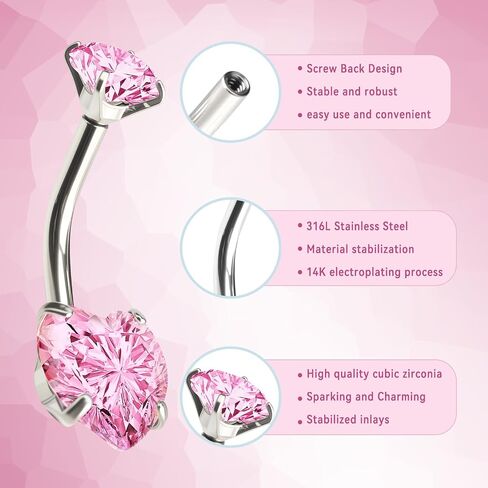 14G Internally Threaded Belly Button Ring - 316L Stainless Steel Shank Navel Jewelry with Pink & White Cubic Zirconia in Saudi Arabia