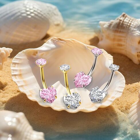 14G Internally Threaded Belly Button Ring - 316L Stainless Steel Shank Navel Jewelry with Pink & White Cubic Zirconia in Saudi Arabia