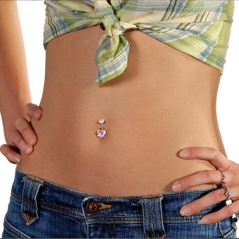 14G Internally Threaded Belly Button Ring - 316L Stainless Steel Shank Navel Jewelry with Pink & White Cubic Zirconia in Saudi Arabia