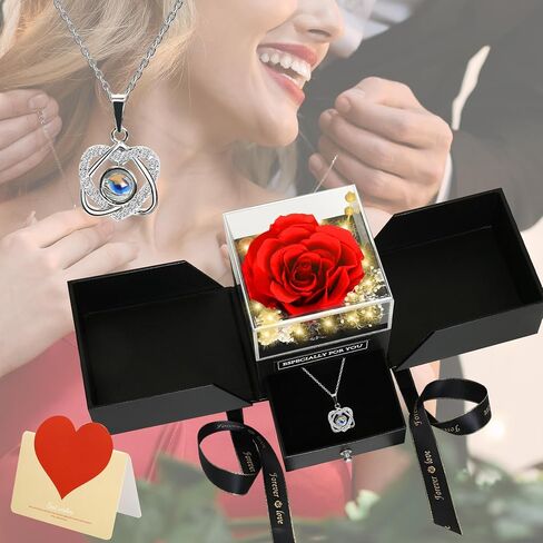 Preserved Real Roses with I Love You Necklace-Eternal Forever Flowers Rose Gifts for Mom Grandma Wife Girlfriend on Mothers Day Birthday Valentines Christmas Anniversary Romantic Gifts for Her(Red) in Saudi Arabia