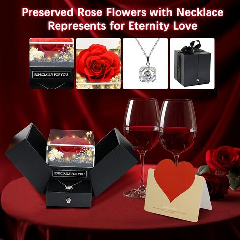 Preserved Real Roses with I Love You Necklace-Eternal Forever Flowers Rose Gifts for Mom Grandma Wife Girlfriend on Mothers Day Birthday Valentines Christmas Anniversary Romantic Gifts for Her(Red) in Saudi Arabia