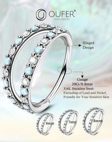 OUFER 20G Nose Rings for Women, 316L Surgical Steel Double Hoop Nose Piercing Jewelry, Opal and CZ Septum Lip Eyebrow Cartilage Conch Rook Helix Tragus Daith Earrings Piercing Jewelry-6/7/8MM in Saudi Arabia